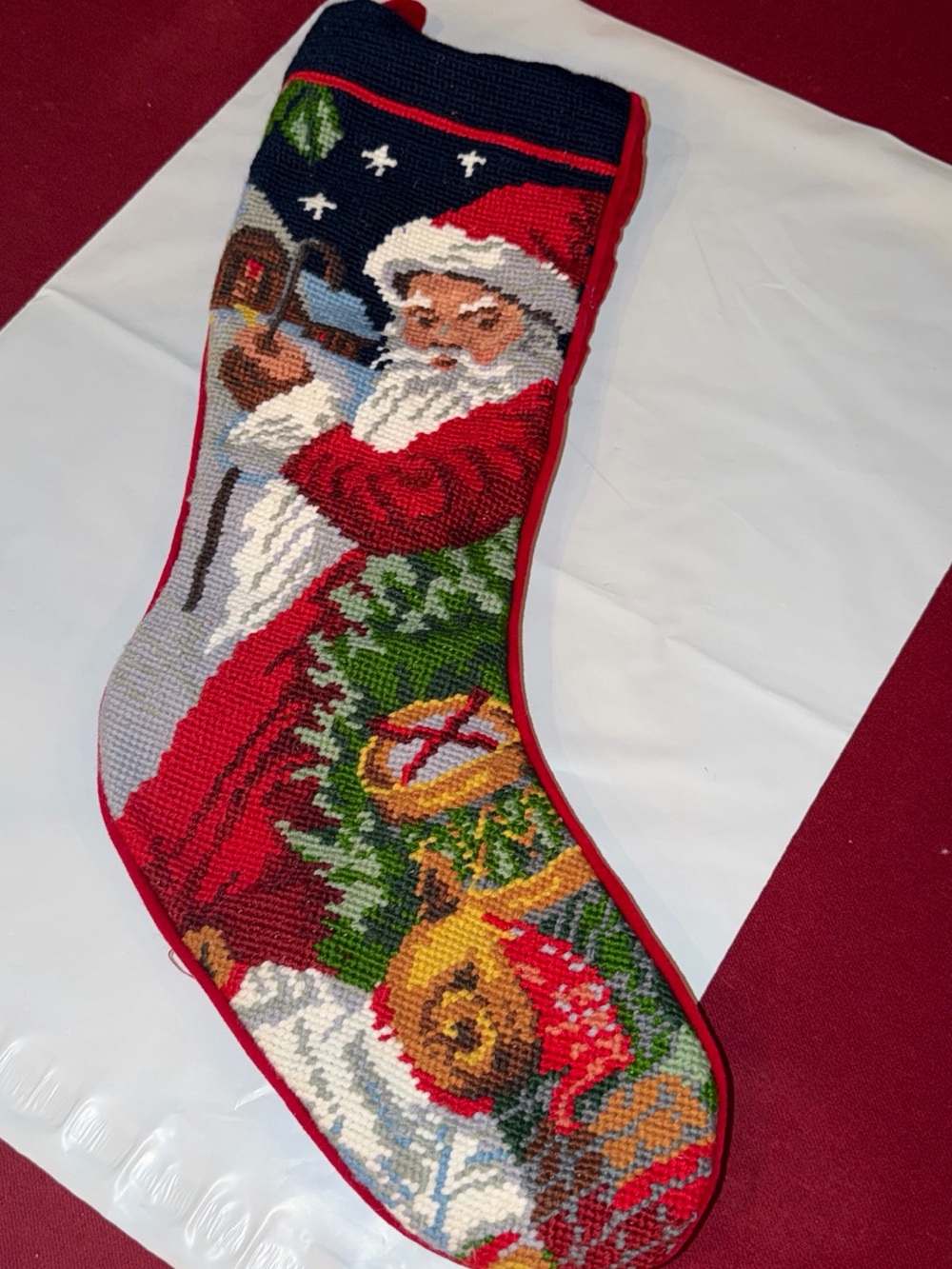 Vintage Needlepoint SANTA TOYS Winter RED Stocking 20” VELVET back Red Lining